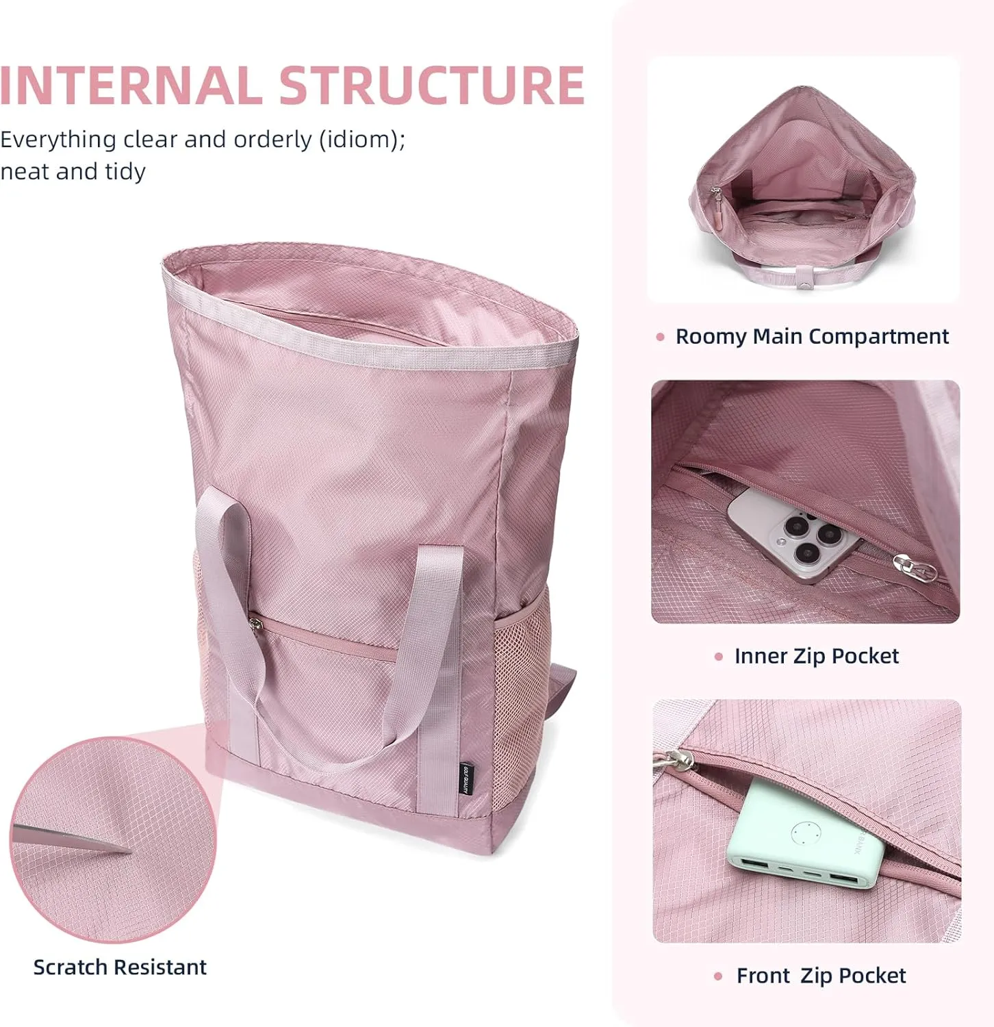 Foldable Convertible Tote Backpack Lightweight Versatile Nylon Daypack for Women Work Leisure Travel,Berry Pink
