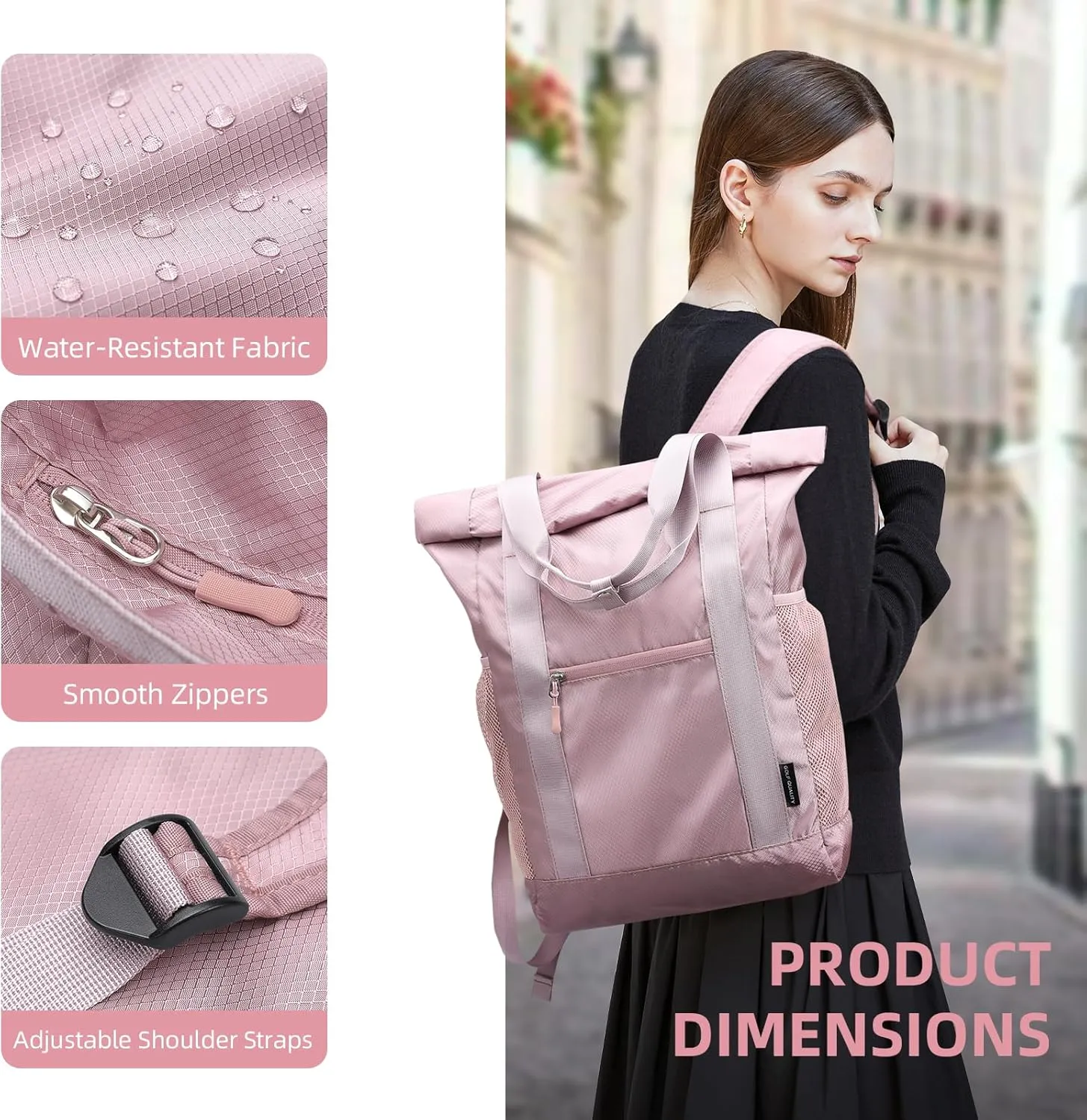 Foldable Convertible Tote Backpack Lightweight Versatile Nylon Daypack for Women Work Leisure Travel,Berry Pink