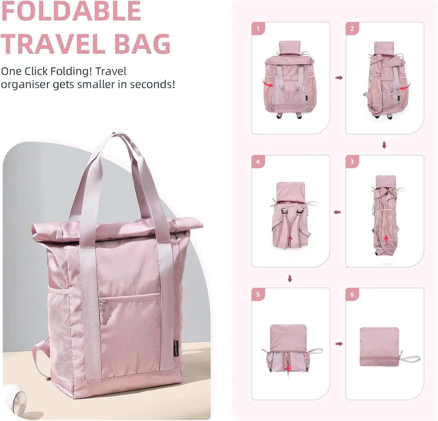 Foldable Convertible Tote Backpack Lightweight Versatile Nylon Daypack for Women Work Leisure Travel,Berry Pink