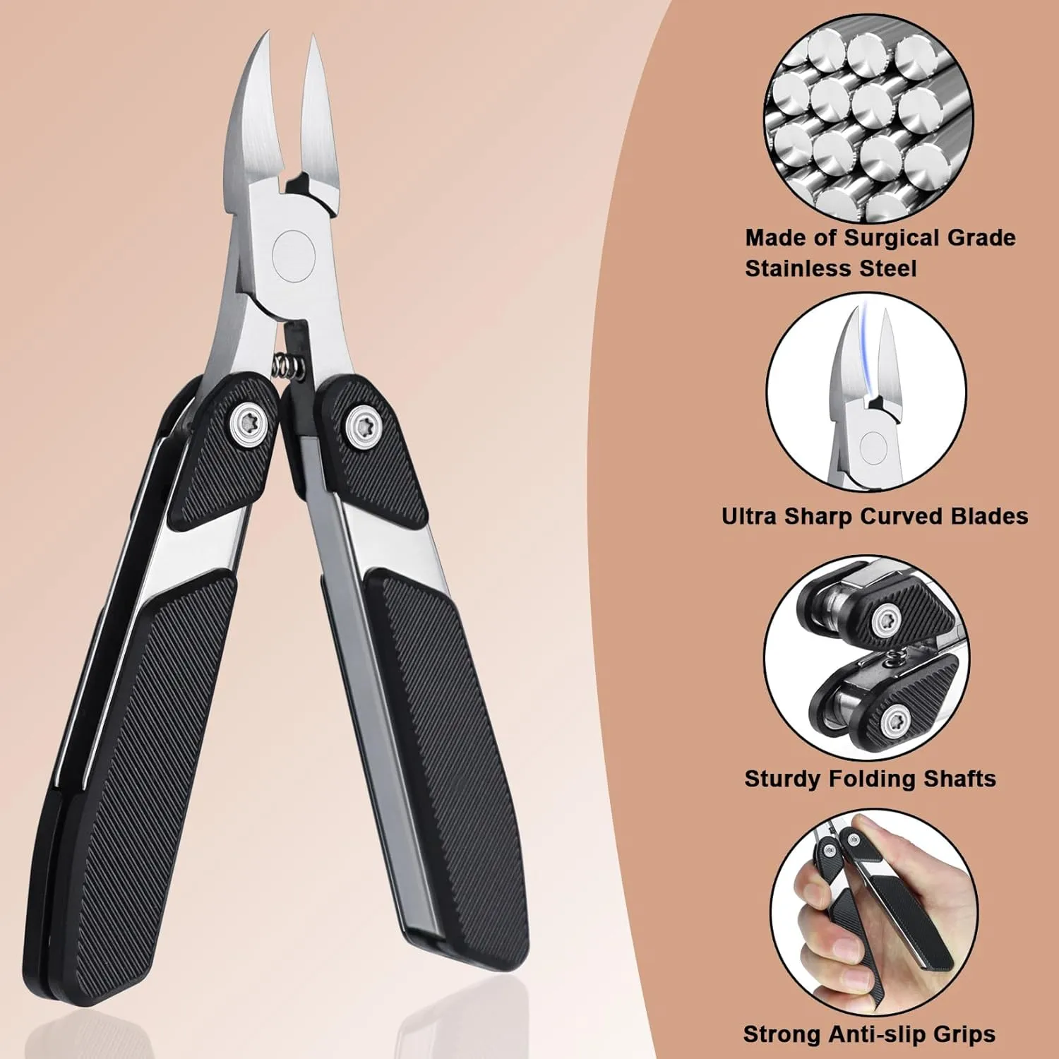 Foldable Toenail Clippers - Portable Travel Toenail Trimmer, Surgical Steel Ingrown/Thick Nail Clipper, Compact Safe Design with Anti-Slip Handle