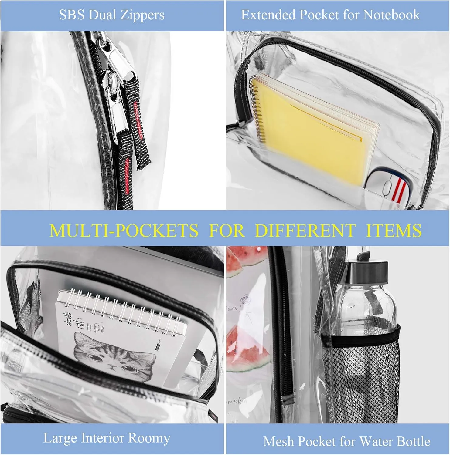 Fomaris Clear Backpack See Through Transparent Plastic Clear Bookbags for School, College, Stadium,Work Black, 2 Pack Bulks