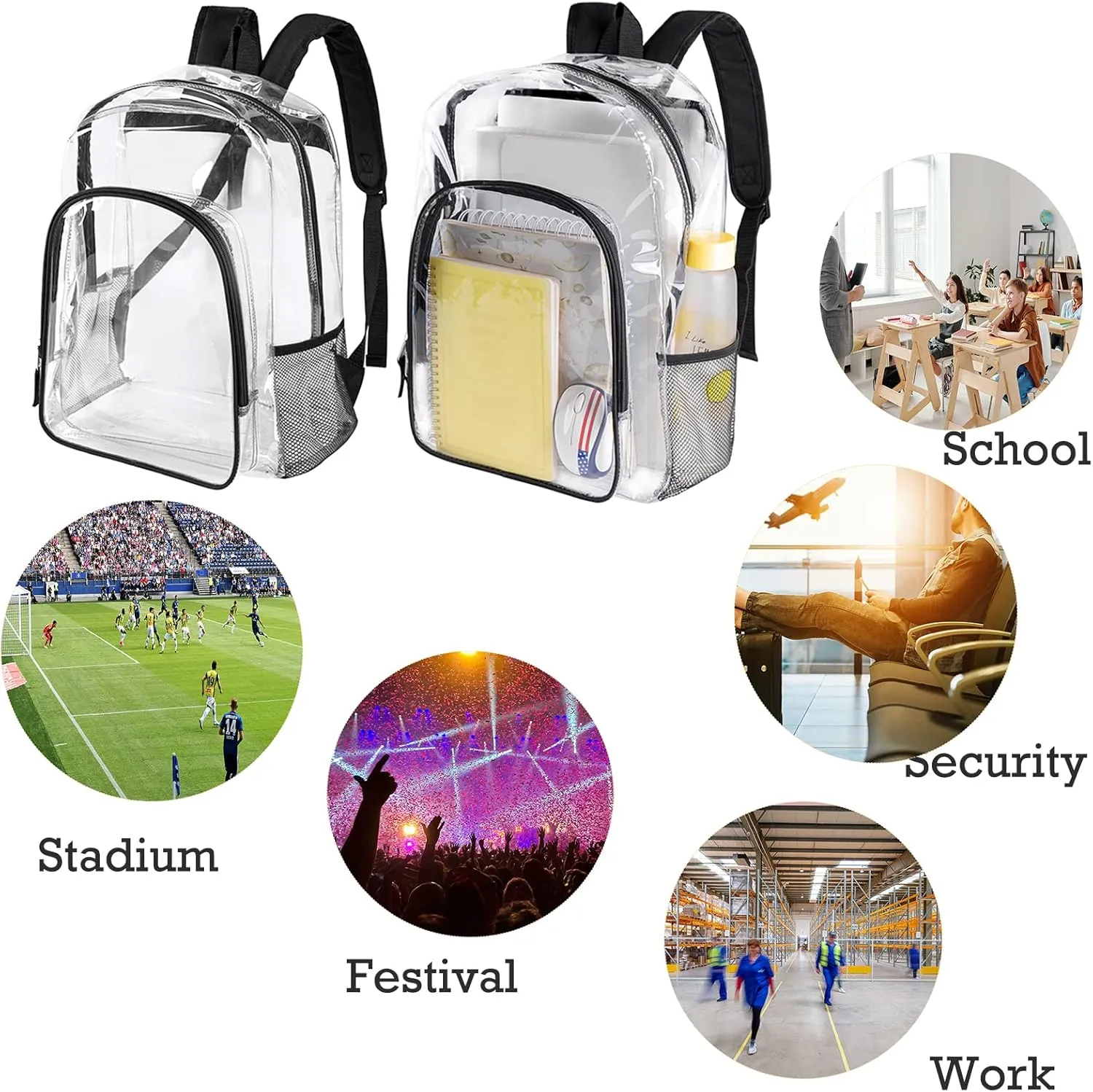 Fomaris Clear Backpack See Through Transparent Plastic Clear Bookbags for School, College, Stadium,Work Black, 2 Pack Bulks