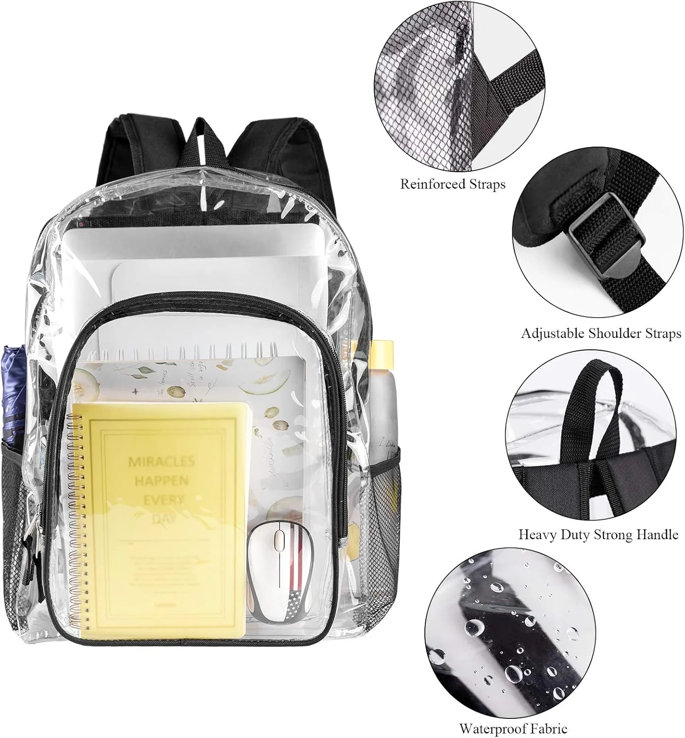 Fomaris Clear Backpack See Through Transparent Plastic Clear Bookbags for School, College, Stadium,Work Black, 2 Pack Bulks