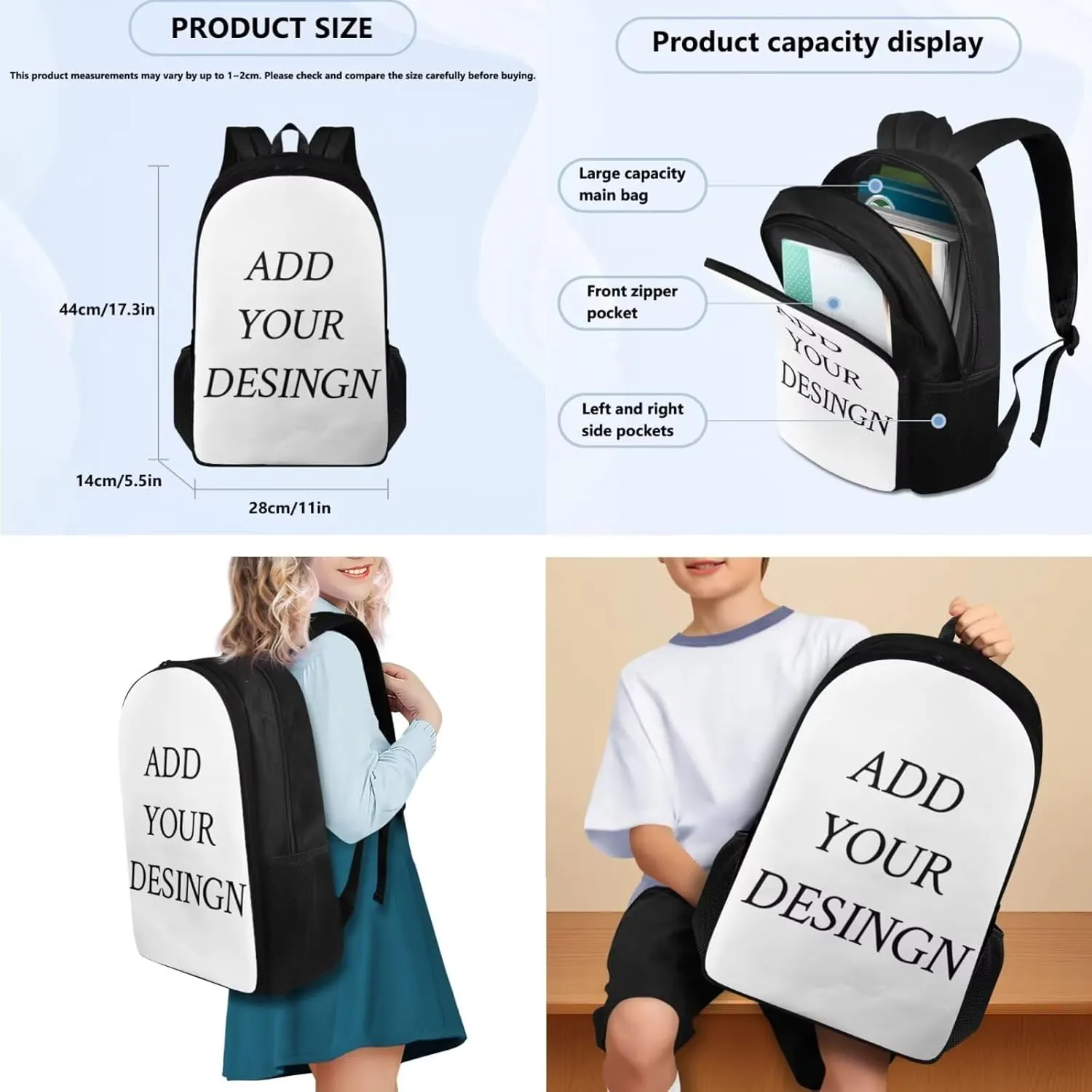 FOR U DESIGNS Custom Backpack for School Adorable Girls Personalized Bookbag and Lunchbag Ages 6-8 Versatile School Bag Grade 1 Ergonomic Adjustable Straps 3 in 1