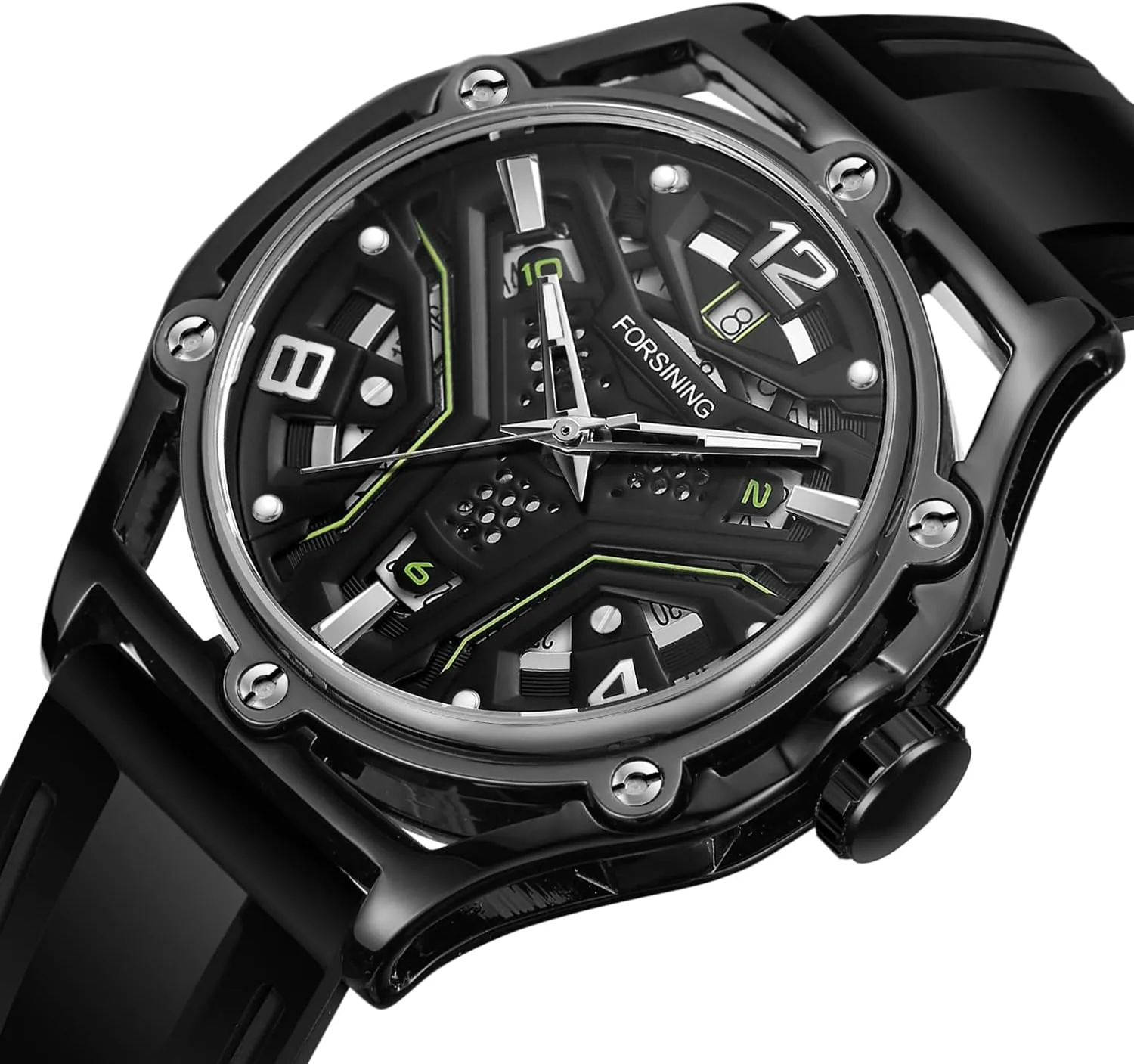FORSINING Sports Mechanical Watches Fashion Hollow Out Multicolour Dial Calendar Luminous Hand Automatic Men Watch Casual Rubber Strap Wristwatches
