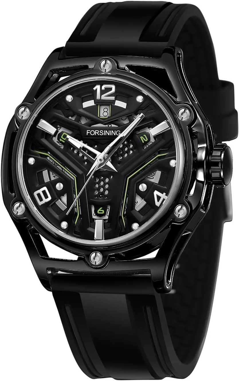 FORSINING Sports Mechanical Watches Fashion Hollow Out Multicolour Dial Calendar Luminous Hand Automatic Men Watch Casual Rubber Strap Wristwatches