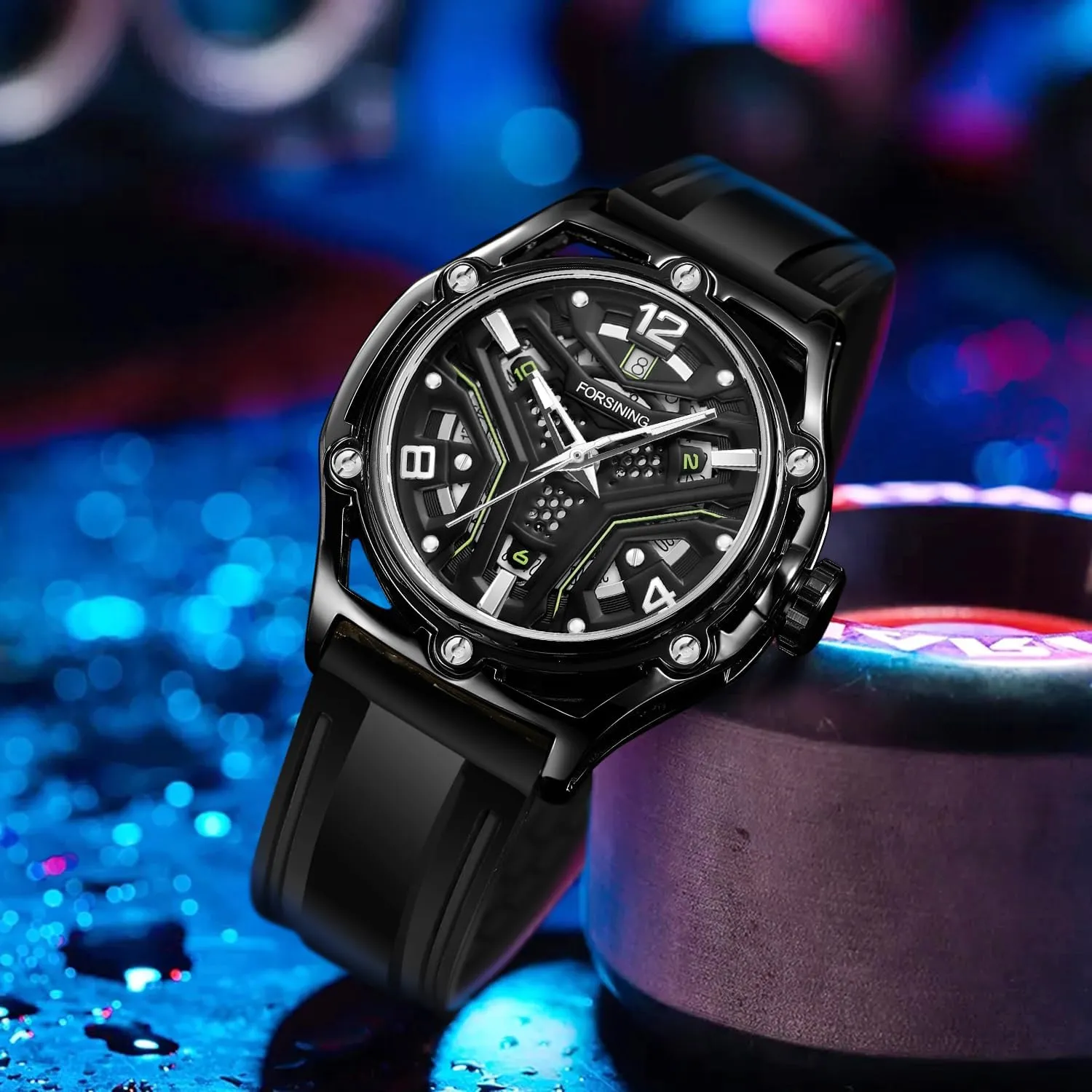FORSINING Sports Mechanical Watches Fashion Hollow Out Multicolour Dial Calendar Luminous Hand Automatic Men Watch Casual Rubber Strap Wristwatches