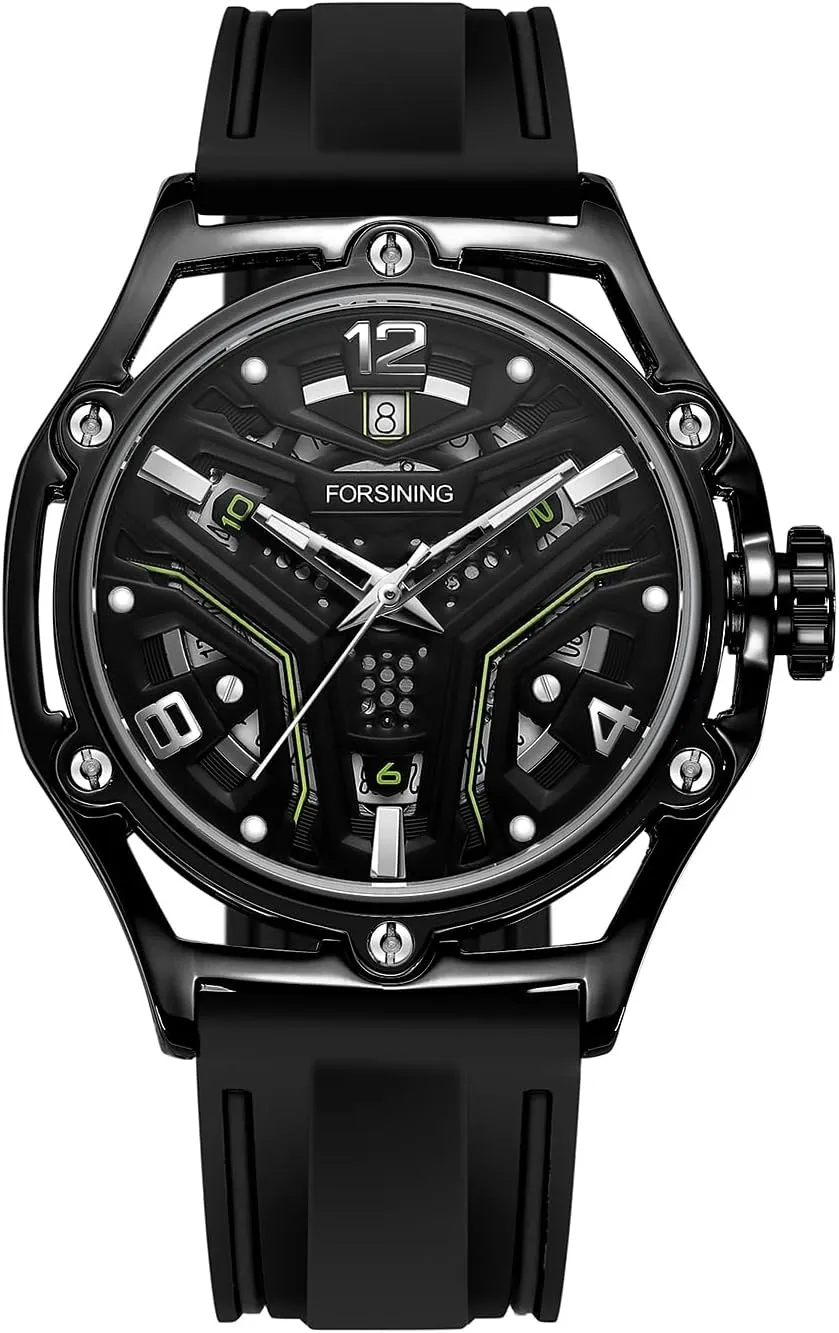 FORSINING Sports Mechanical Watches Fashion Hollow Out Multicolour Dial Calendar Luminous Hand Automatic Men Watch Casual Rubber Strap Wristwatches