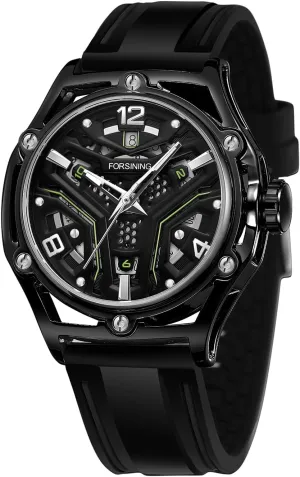 FORSINING Sports Mechanical Watches Fashion Hollow Out Multicolour Dial Calendar Luminous Hand Automatic Men Watch Casual Rubber Strap Wristwatches