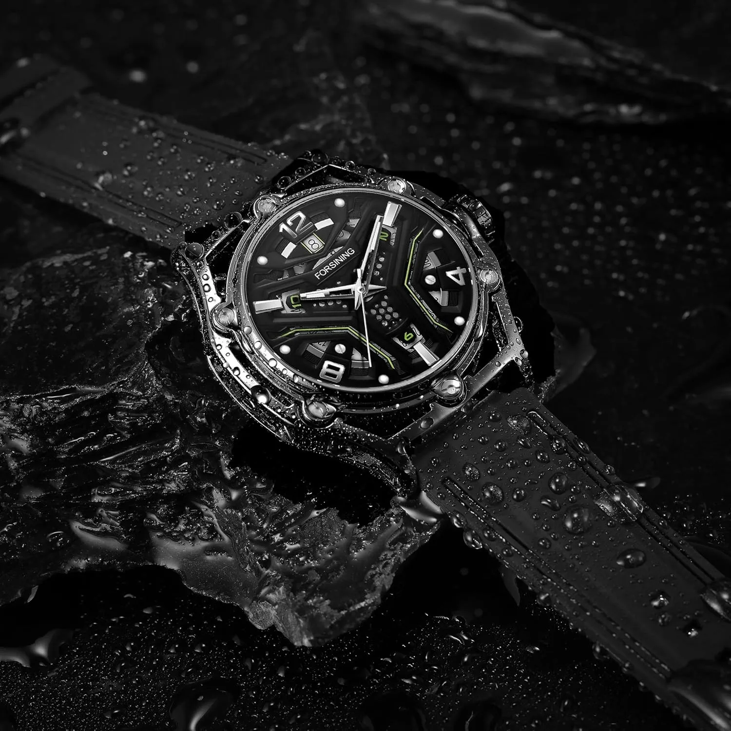 FORSINING Sports Mechanical Watches Fashion Hollow Out Multicolour Dial Calendar Luminous Hand Automatic Men Watch Casual Rubber Strap Wristwatches