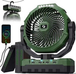 FRIZCOL 3-in-1 Camping Fan - Portable Fans Rechargeable - 36000mAh 9-Inch Battery Powered Fan(210Hrs) with Light & Remote for Indoor, Outdoor, Tent, Travel, BBQ, Fishing, Jobsite - Green