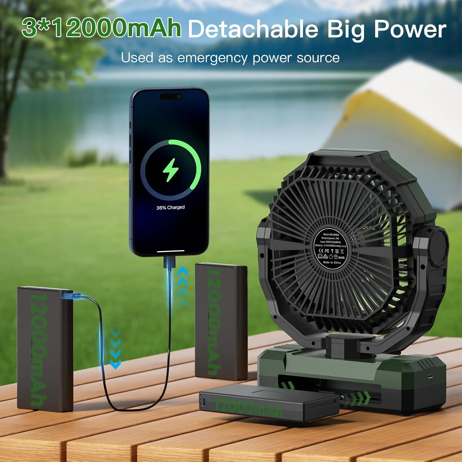 FRIZCOL 3-in-1 Camping Fan - Portable Fans Rechargeable - 36000mAh 9-Inch Battery Powered Fan(210Hrs) with Light & Remote for Indoor, Outdoor, Tent, Travel, BBQ, Fishing, Jobsite - Green
