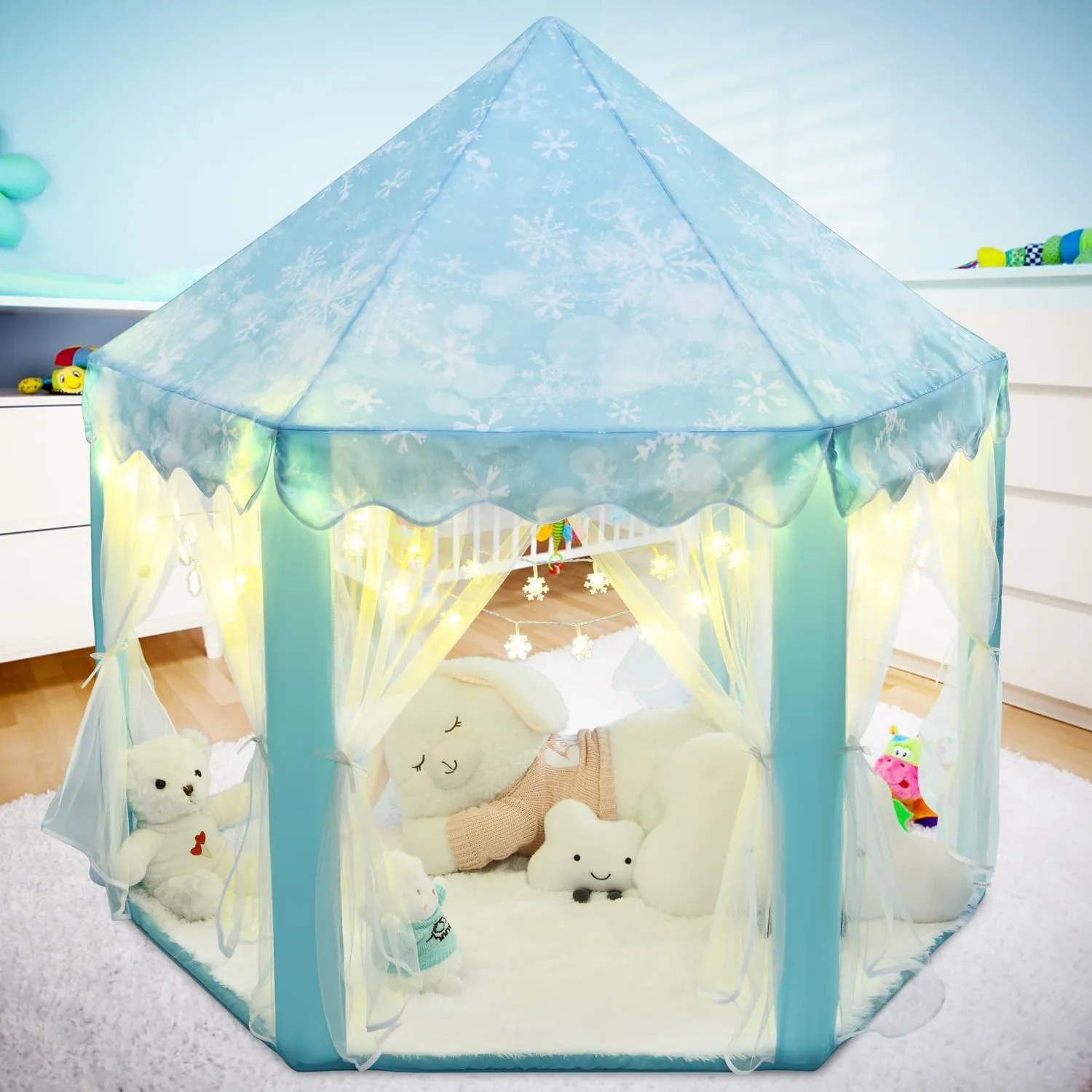 Frozen Princess Tent for Girls, Kids Play Tent with LED Small Snowflake Lights, Castle Playhouse Tent for Children Toddlers Indoor Outdoor Games, 55×53 Inches