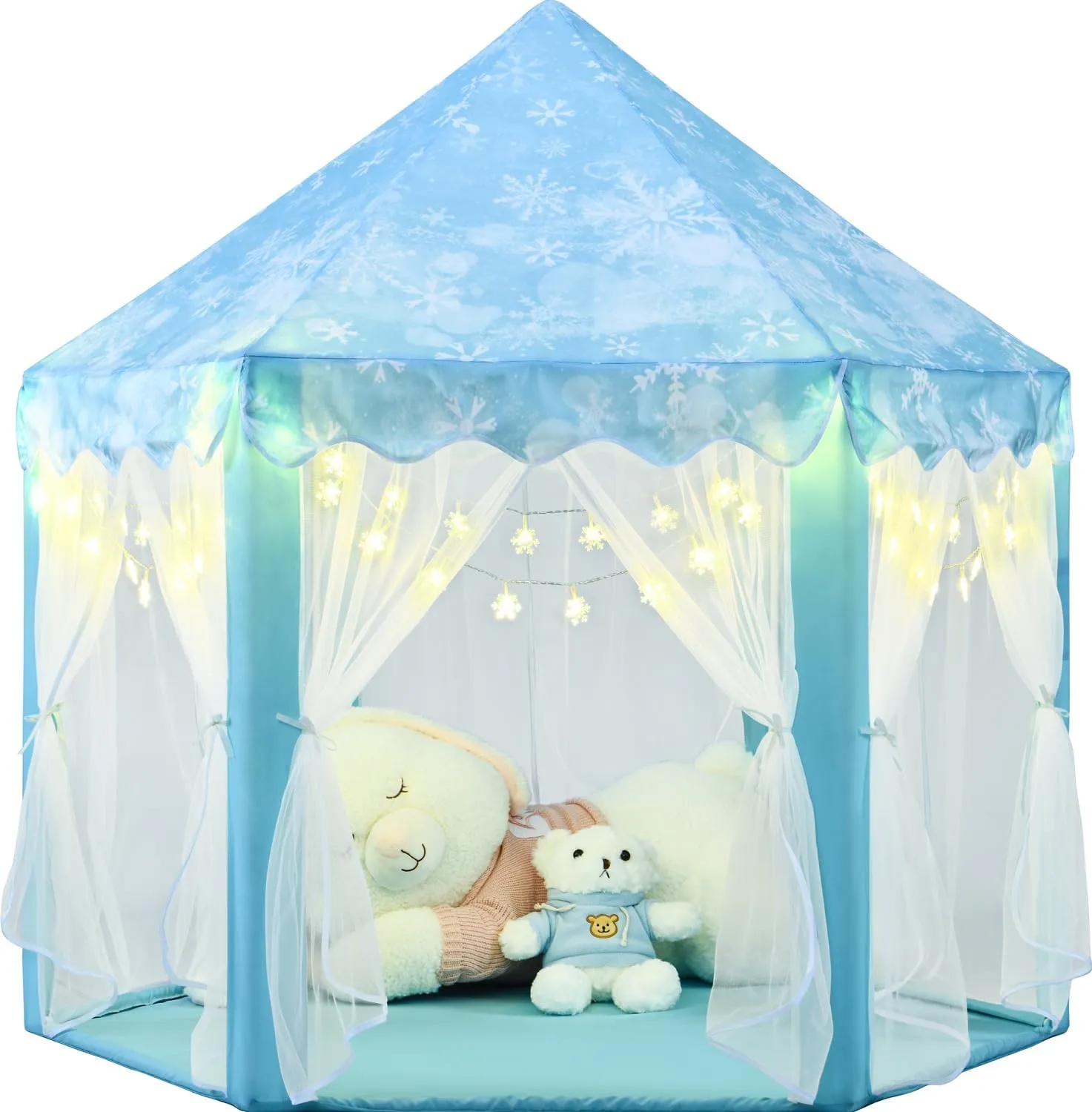 Frozen Princess Tent for Girls, Kids Play Tent with LED Small Snowflake Lights, Castle Playhouse Tent for Children Toddlers Indoor Outdoor Games, 55×53 Inches