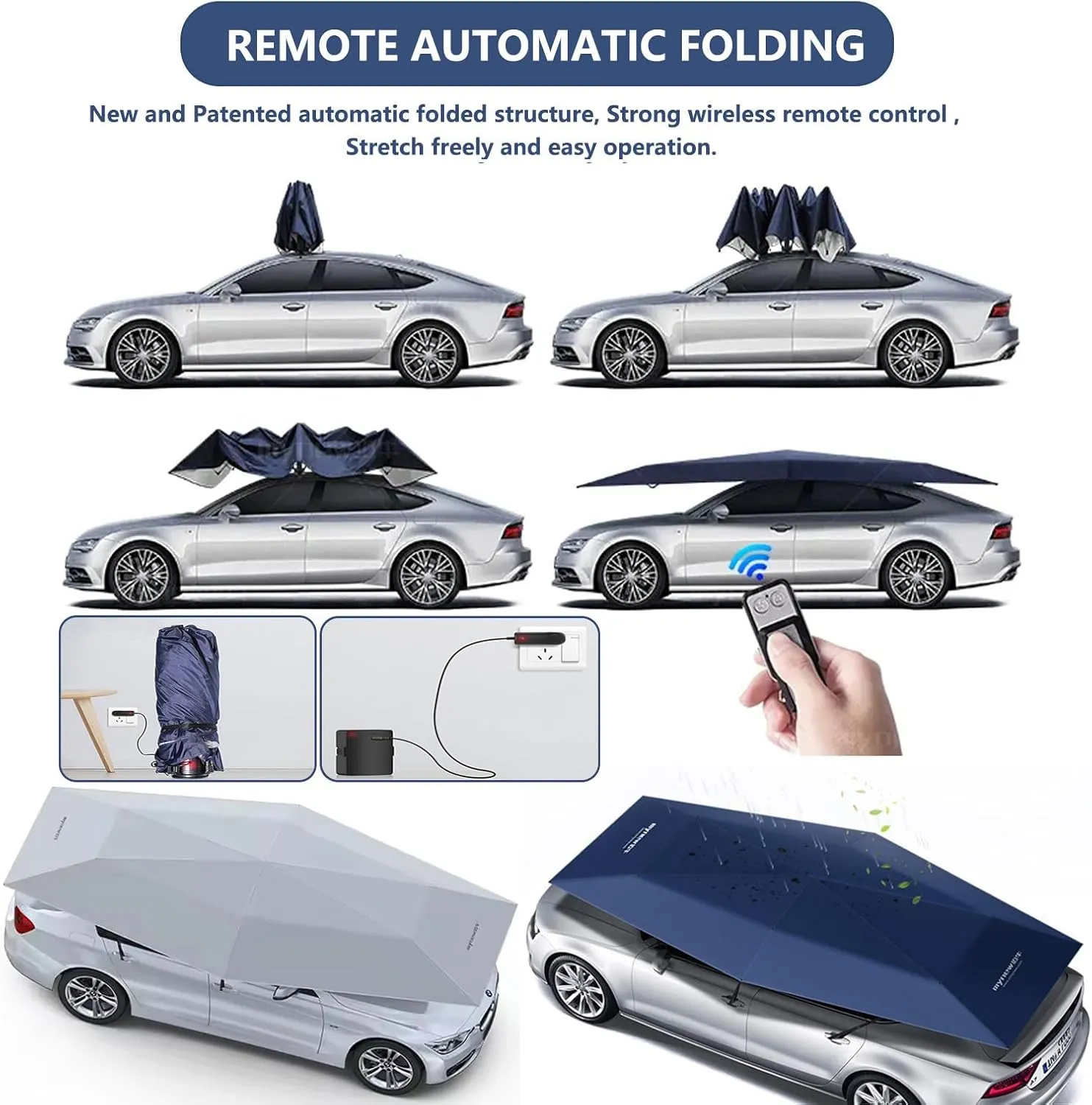 Fully Automatic Car Umbrella Tent Sun Shade Cover with Outdoor Camping Stand/Remote Control/Removable Battery, 360° Full Coverage Design, Prevents Damage From Leaves, Pollen And Hail,Grey4.2M