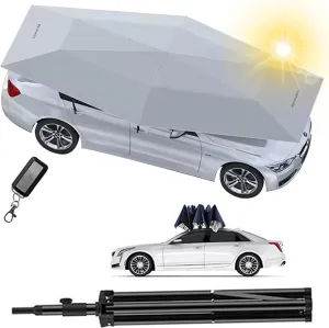 Fully Automatic Car Umbrella Tent Sun Shade Cover with Outdoor Camping Stand/Remote Control/Removable Battery, 360° Full Coverage Design, Prevents Damage From Leaves, Pollen And Hail,Grey4.2M