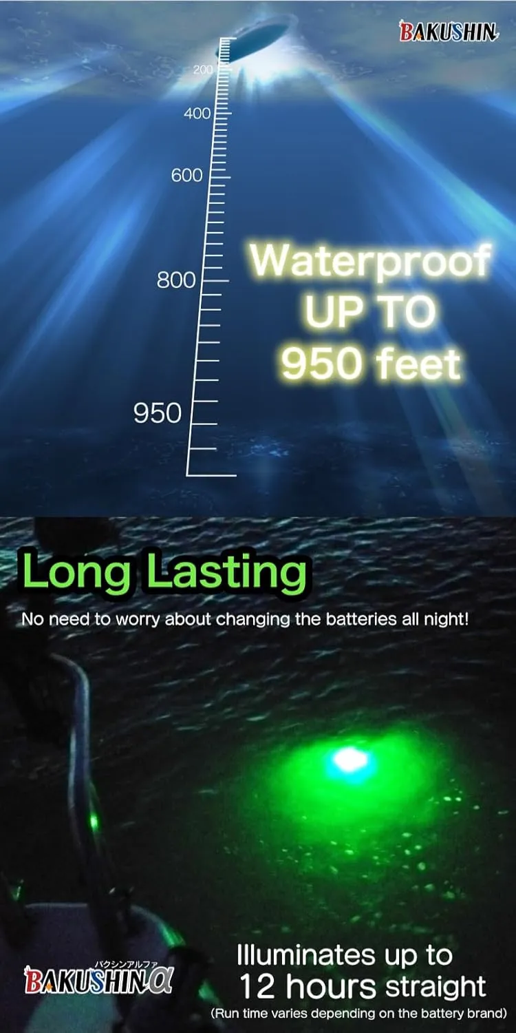 FUNKS Underwater Fishing Light Battery Powered Led Submersible Night Cordless Fish Attracting Light Bakushin α