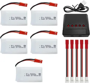 Fytoo 5PCS 3.7V 800mAh Lipo Battery with 5-in-1 Charger JST Plug for SYMA X56W MJX X400W X300C X800 HS110 HS200 S670 V950hd S1750 V2450 RC Quadcopter Battery