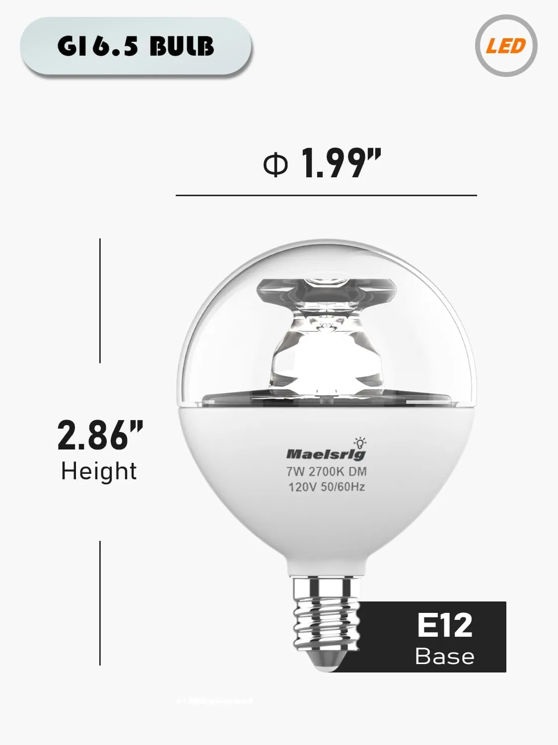 G16.5 Light Bulb LED, 60W Equivalent, Small Round Light Bulbs, E12 Candelabra Base, Dimmable, Daylight 5000K, 7W 600 Lumens, Type G Light Bulb, Clear Glass, Pack of 4