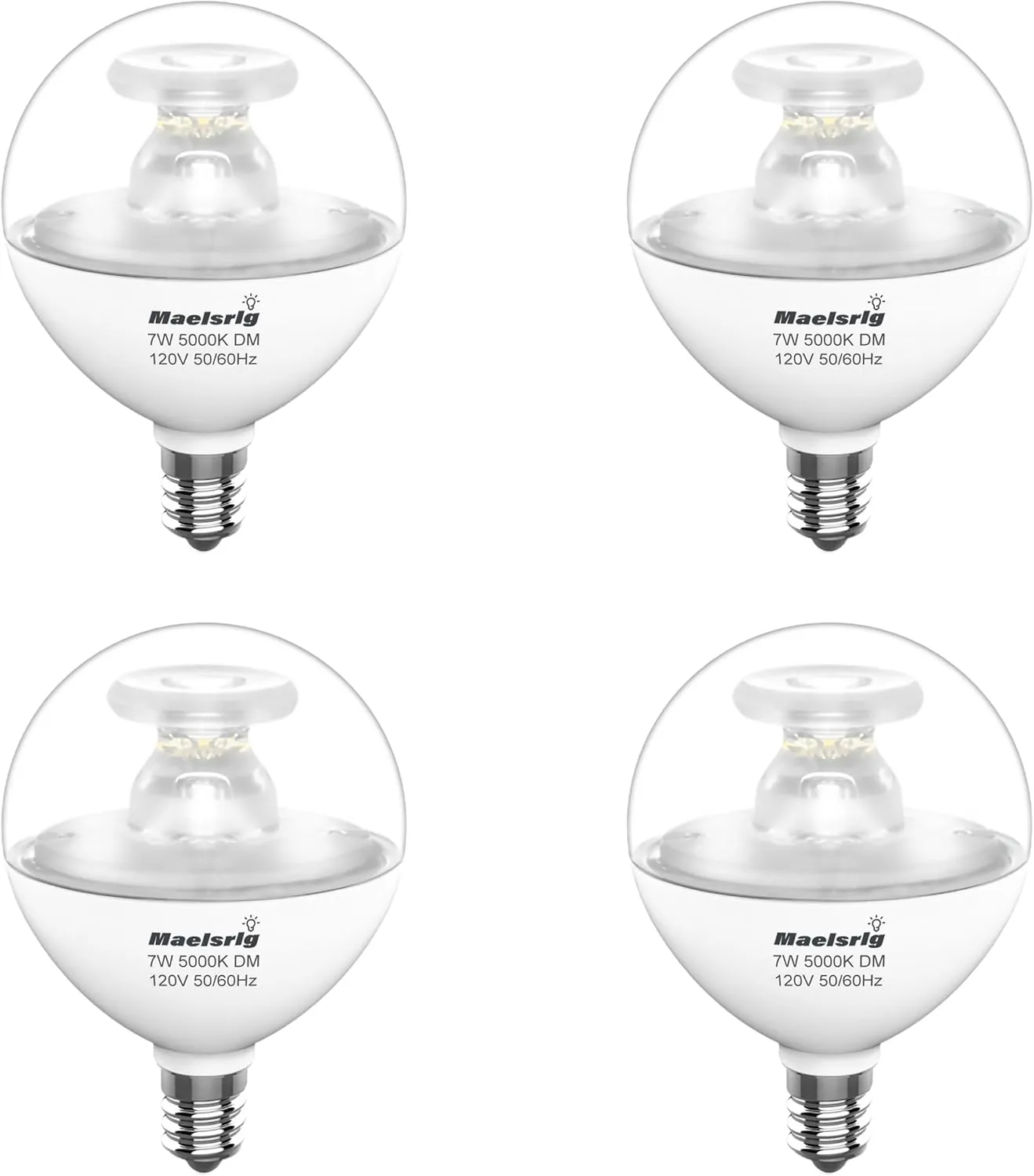 G16.5 Light Bulb LED, 60W Equivalent, Small Round Light Bulbs, E12 Candelabra Base, Dimmable, Daylight 5000K, 7W 600 Lumens, Type G Light Bulb, Clear Glass, Pack of 4