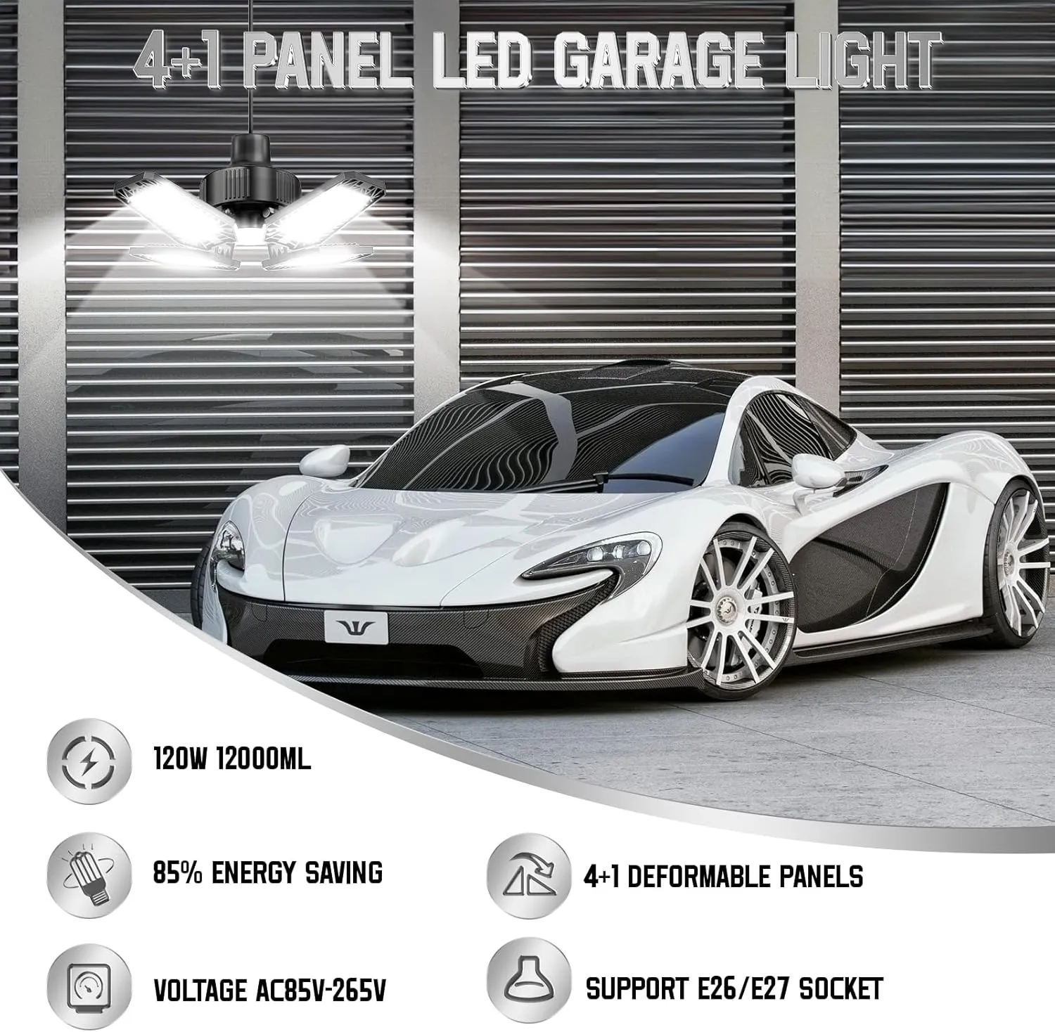 Garage Light 2 Pack 120W, 12000LM LED Lights for Garage with 4 1 Deformable Panels 6500K Screw in LED Shop Lighting for Workshop, Basement Support E26/E27