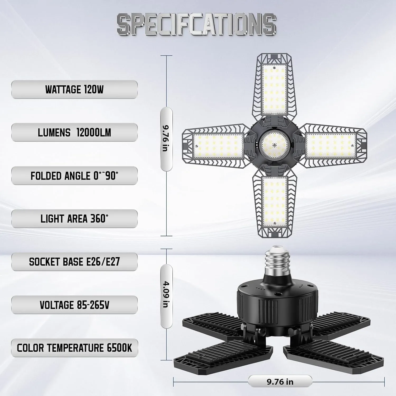 Garage Light 2 Pack 120W, 12000LM LED Lights for Garage with 4 1 Deformable Panels 6500K Screw in LED Shop Lighting for Workshop, Basement Support E26/E27