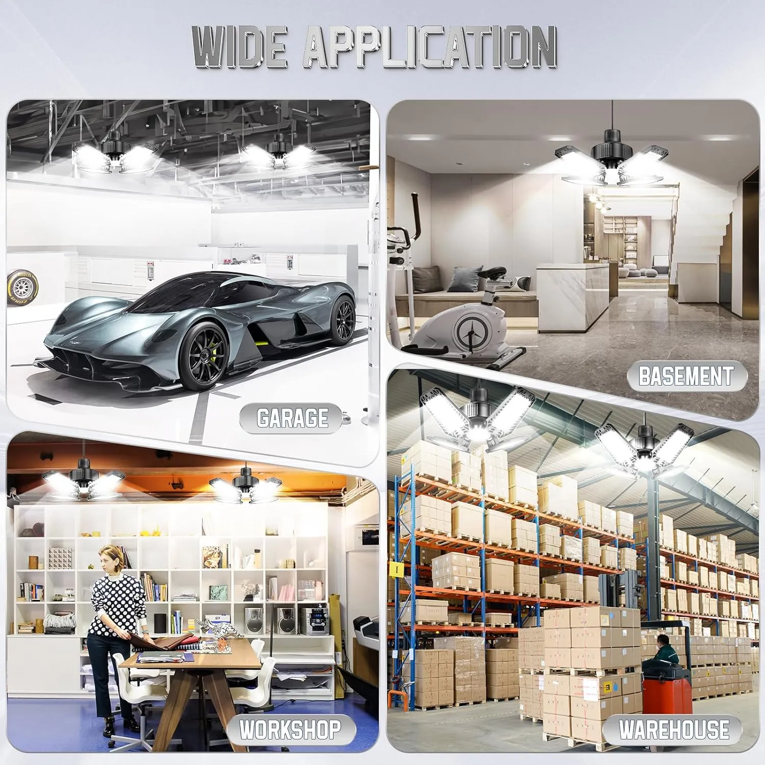 Garage Light 2 Pack 120W, 12000LM LED Lights for Garage with 4 1 Deformable Panels 6500K Screw in LED Shop Lighting for Workshop, Basement Support E26/E27
