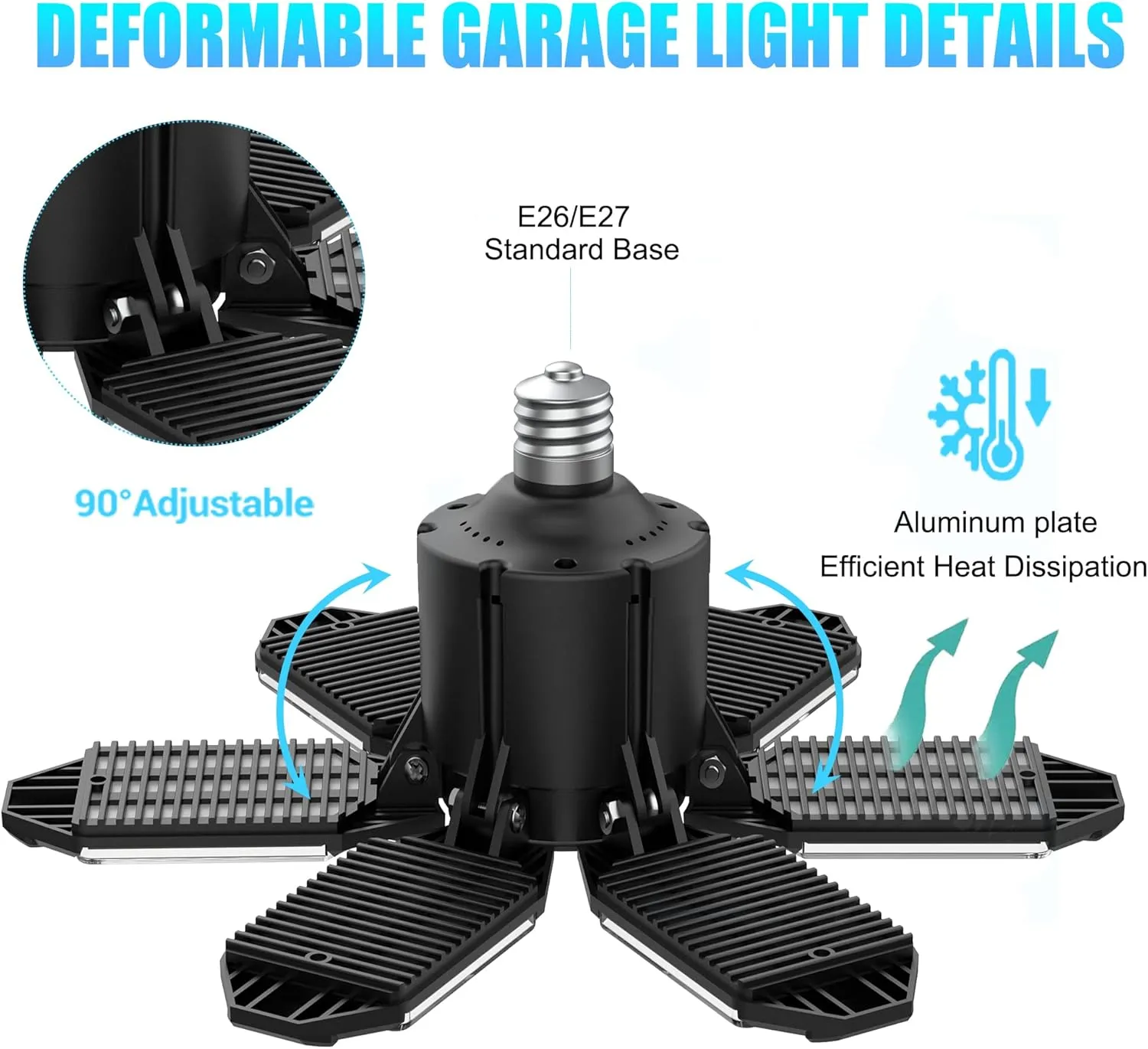 Garage Light LED 100W 10000LM with 6 Deformable Panels, E26/E27 Screw in Shop Light, 6000K Light Bulb Led Garage Ceiling Lights for Porch Barn Basement Attic