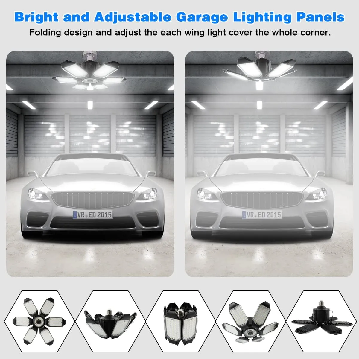 Garage Lights - 2 Pack Super Bright 32000LM LED Garage Ceiling Light 6500K LED Shop Light w/ 6 Deformable Panels Screw in E26/E27 Socket Light Bulbs for Workshop Storage Warehouse Attic