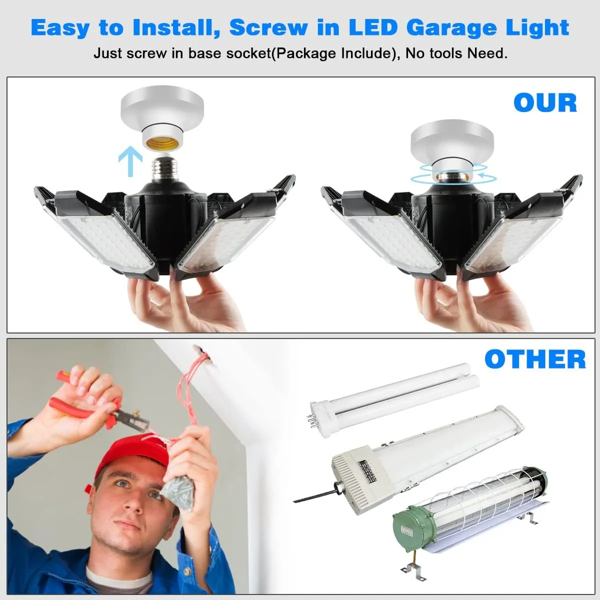 Garage Lights - 2 Pack Super Bright 32000LM LED Garage Ceiling Light 6500K LED Shop Light w/ 6 Deformable Panels Screw in E26/E27 Socket Light Bulbs for Workshop Storage Warehouse Attic