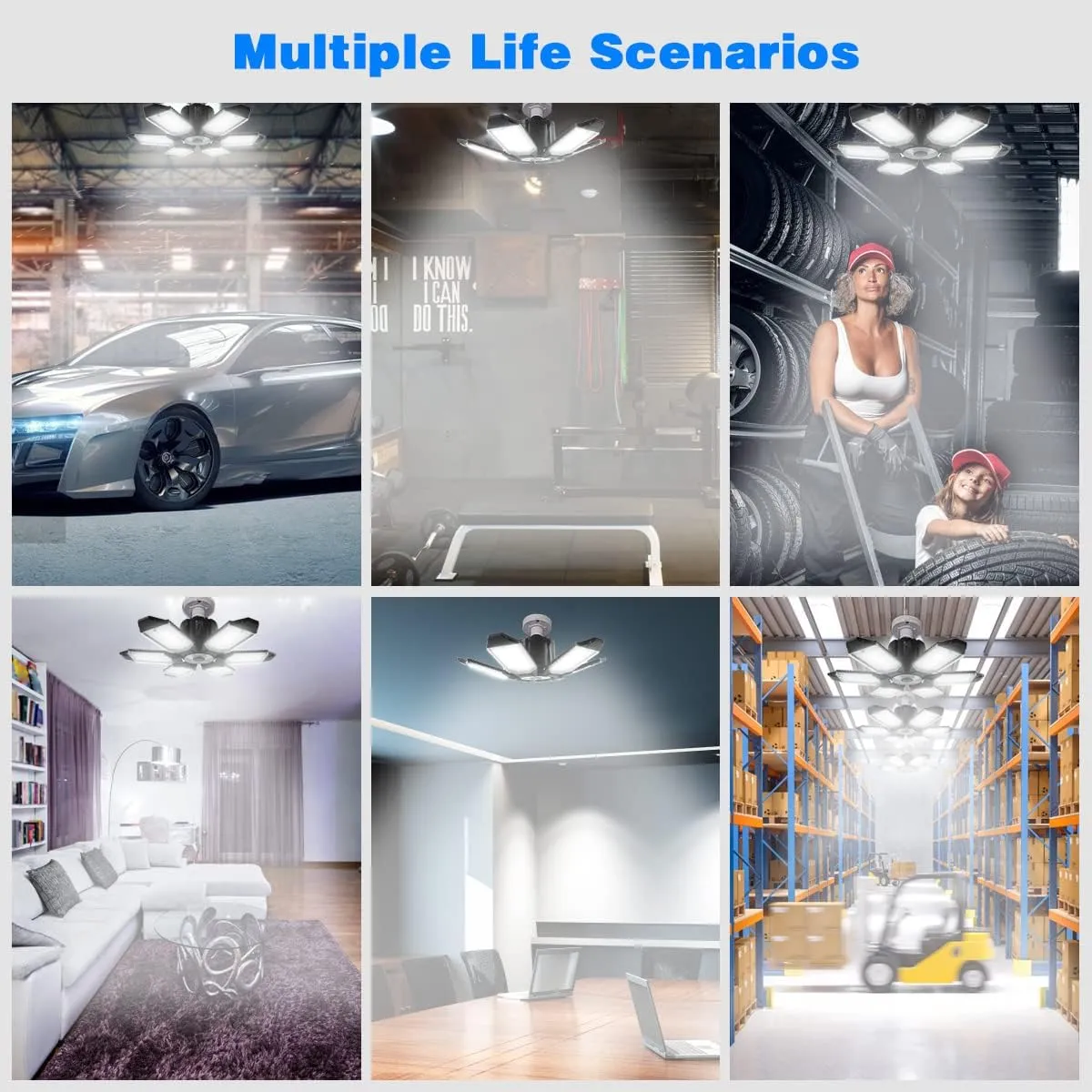 Garage Lights - 2 Pack Super Bright 32000LM LED Garage Ceiling Light 6500K LED Shop Light w/ 6 Deformable Panels Screw in E26/E27 Socket Light Bulbs for Workshop Storage Warehouse Attic