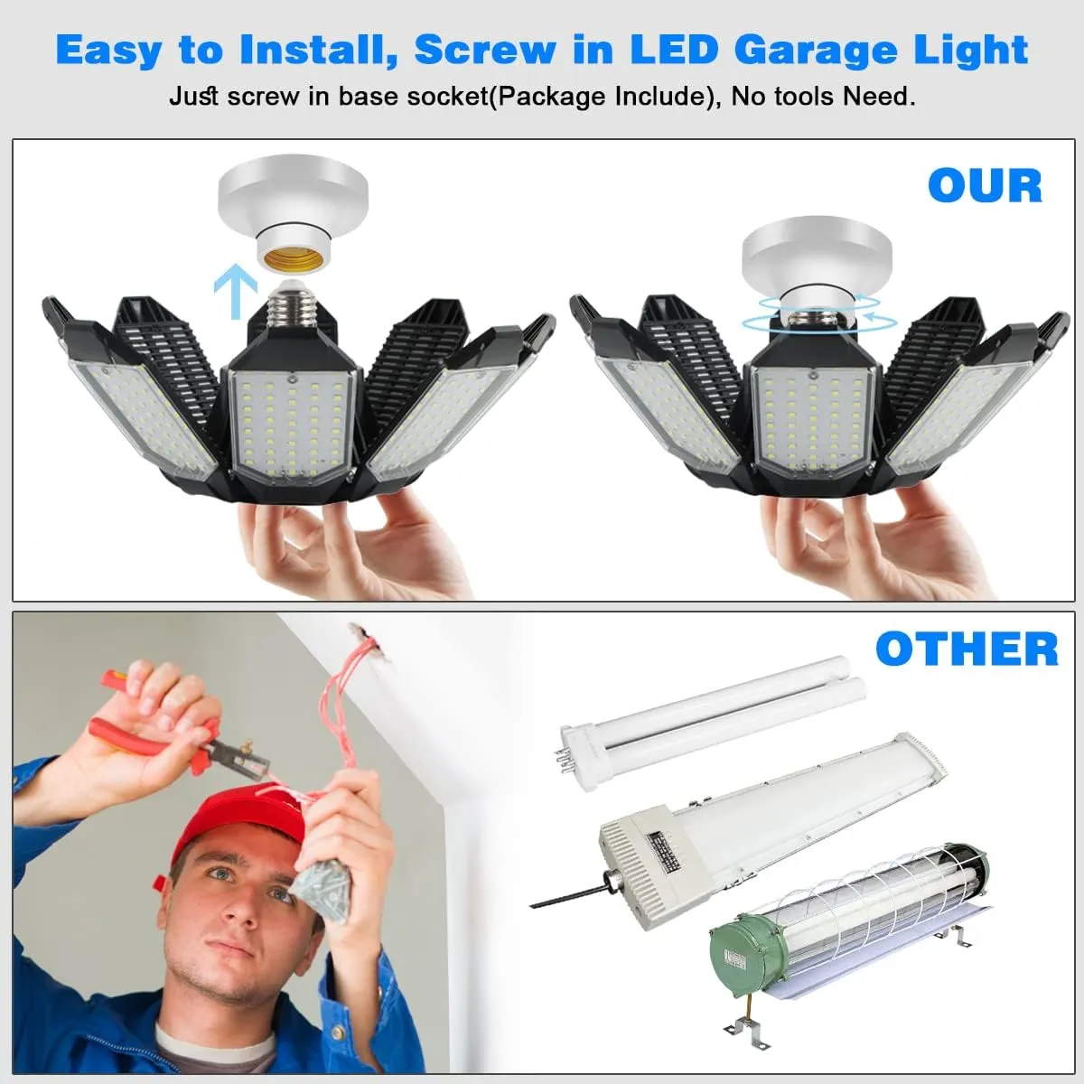 Garage Lights - 40000LM Super Bright 6500K Led Shop Lights w/ 8 Deformable Panels Compatible for E26/E27 Garage Lighting Socket Applicable for Barn Warehouse Attic - 2Pack