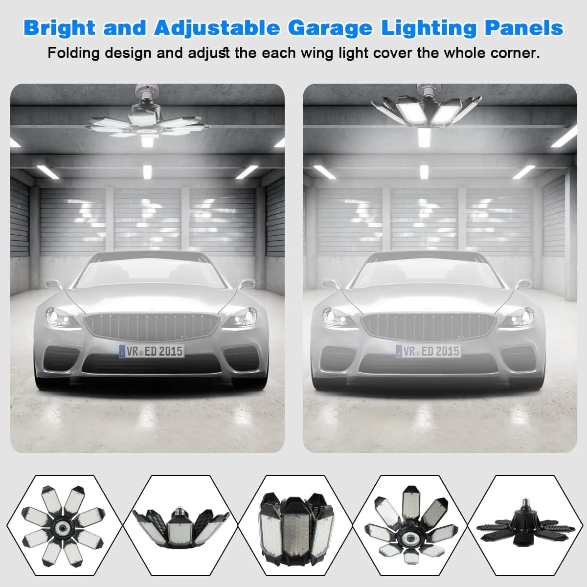 Garage Lights - 40000LM Super Bright 6500K Led Shop Lights w/ 8 Deformable Panels Compatible for E26/E27 Garage Lighting Socket Applicable for Barn Warehouse Attic - 2Pack