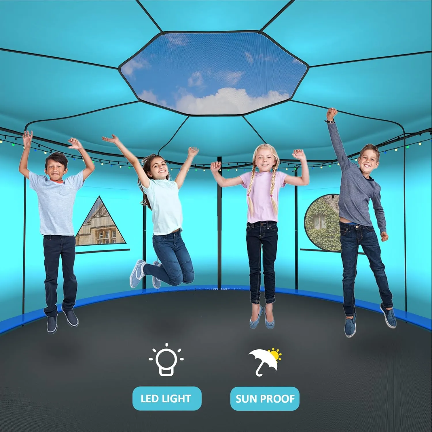 Gardenature Trampoline Tent Cover 14FT 12FT 10FT Tent for Trampoline wit LED Lightband Trampoline Accessory for 6/8 Straight Pole Round Trampoline Gray Blue Green Kahki-Tent Only