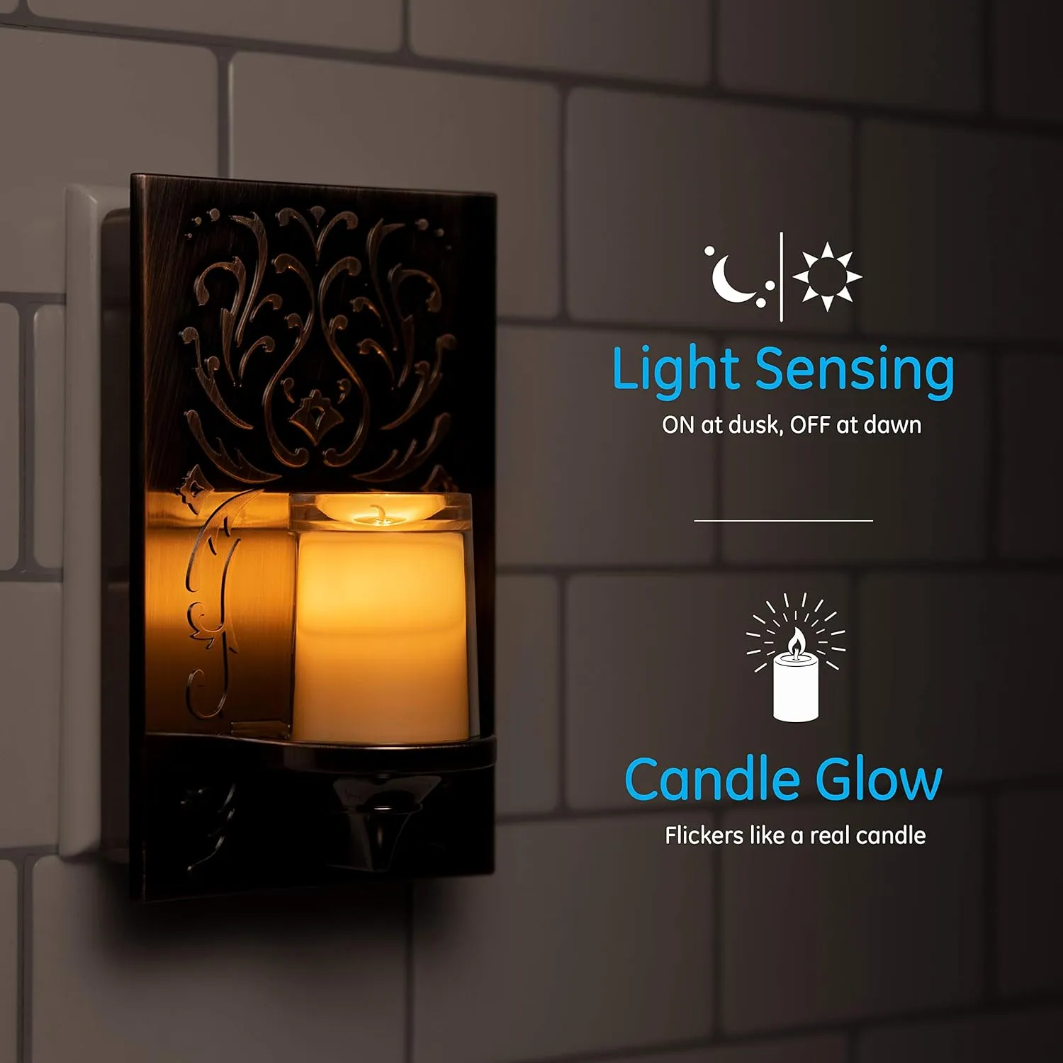 GE LED CandleLite Night Light, Plug-In, Dusk to Dawn Sensor, Flameless Candle, Sunset Light, Home Decor, LED Lights for Bedroom, Bathroom, Kitchen, Oil-Rubbed Bronze, 11258