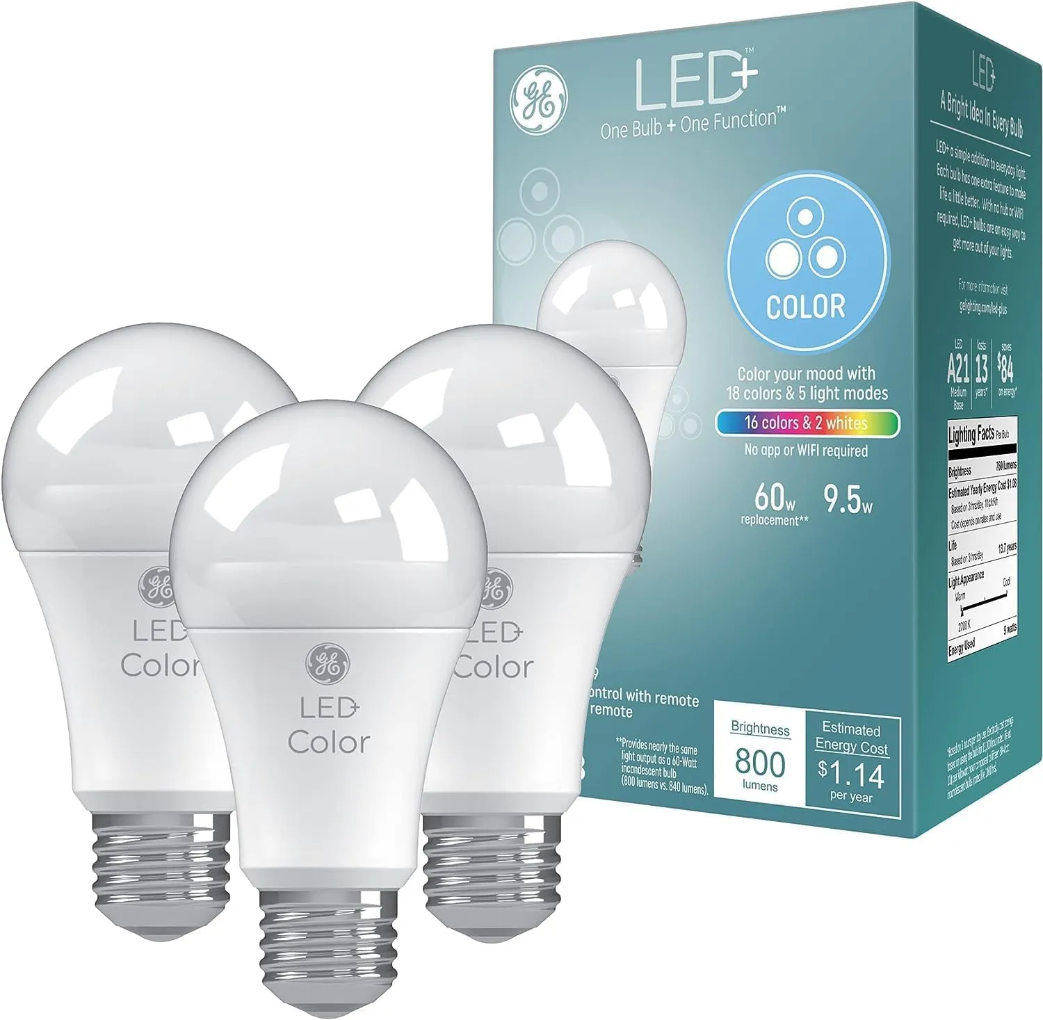 GE LED  Color Changing LED Light Bulbs with Remote, No App or Wi-Fi Required, A19 Bulbs (3 Pack)
