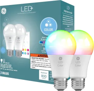 GE LED  Color Changing LED Light Bulbs with Remote, No App or Wi-Fi Required, A19 Bulbs, CA Compliant (2 Pack)