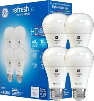 GE Refresh LED Light Bulbs, 10 Watts (60 Watt Eqv) Daylight HD Light, A19 Standard Bulbs (4 Pack)