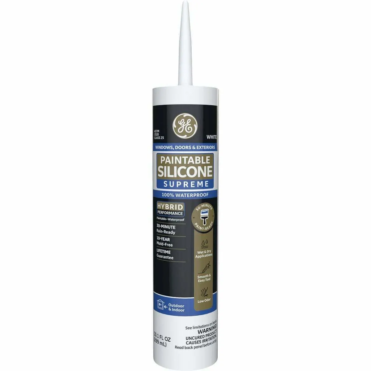 GE Supreme Paintable Silicone Caulk for Window & Door - 100% Waterproof Silicone Sealant, 7X Stronger Adhesion, Freeze & Sun Proof - 9.5 fl oz, White, 12 Pack