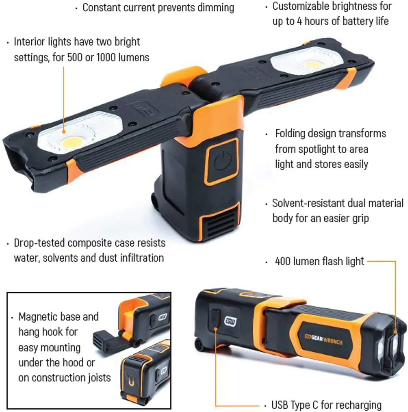 GEARWRENCH 1000 Lumen Rechargeable Wing Light - 83351, 2.875 in