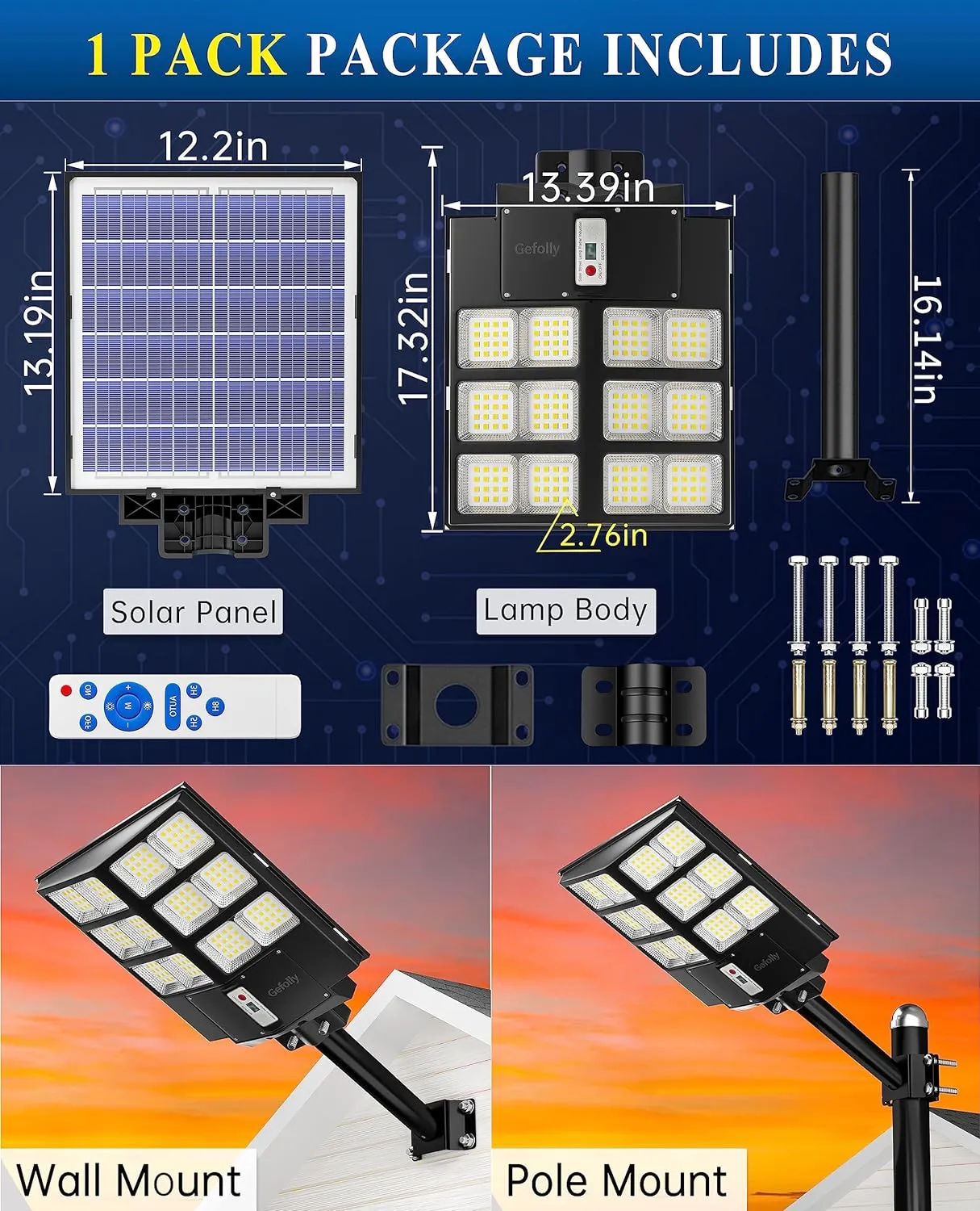 Gefolly SL-2000W Outdoor Solar Street Light - 200000LM, Dusk to Dawn, 6500K Solar Security Motion Sensor Flood Light