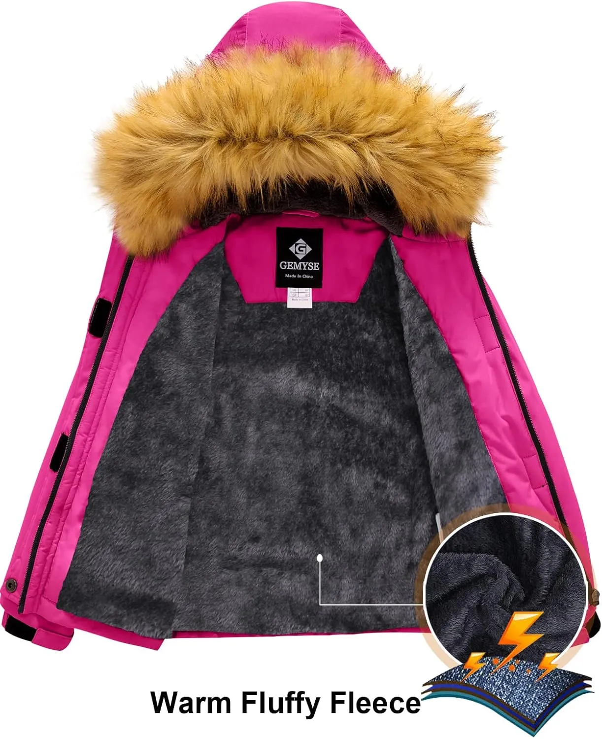 GEMYSE Girl's Winter Waterproof Ski Snow Jacket Fleece Windproof Jacket with Hood
