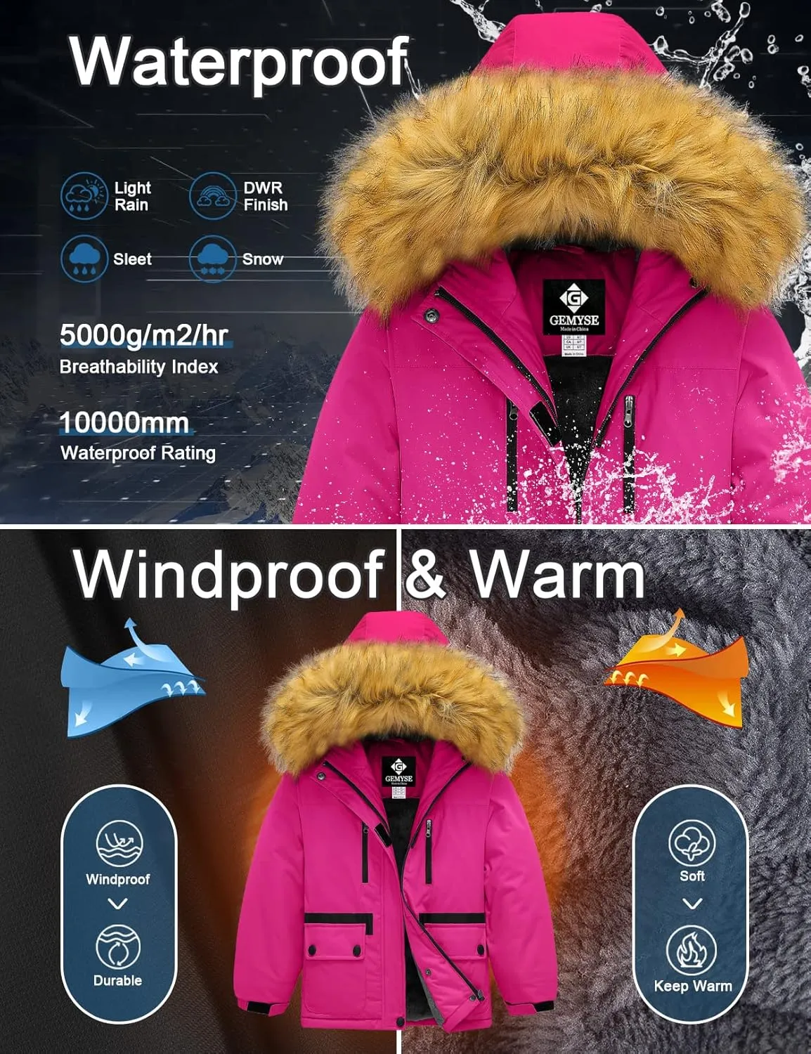 GEMYSE Girl's Winter Waterproof Ski Snow Jacket Fleece Windproof Jacket with Hood