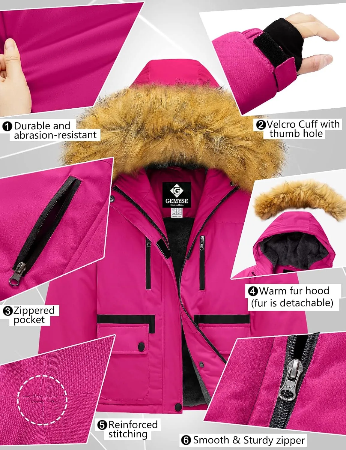 GEMYSE Girl's Winter Waterproof Ski Snow Jacket Fleece Windproof Jacket with Hood