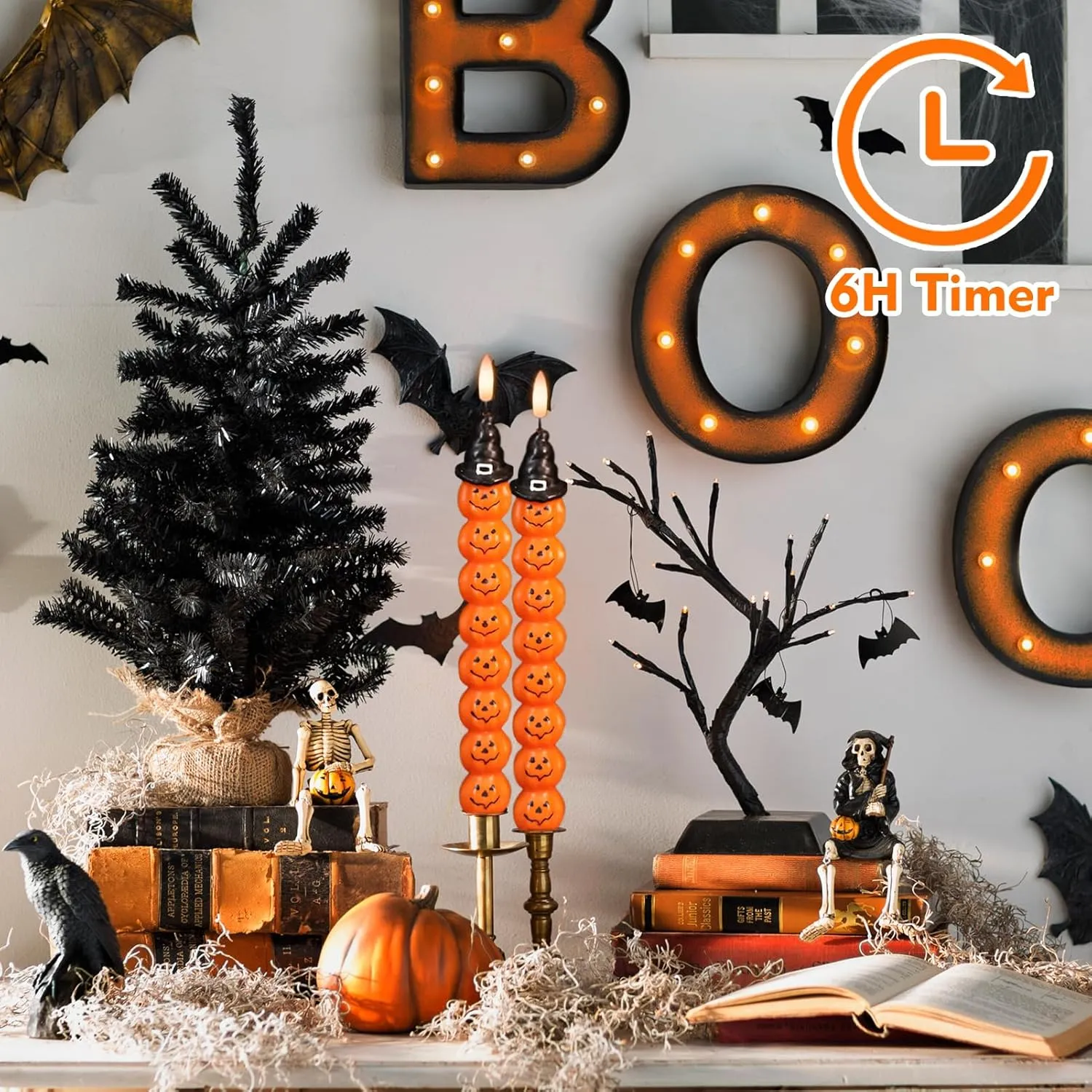 GenSwin Halloween Flameless Candles with Timer - Real Wax Flickering LED Candles for Halloween Decor (0.78 x 11.6 inches)