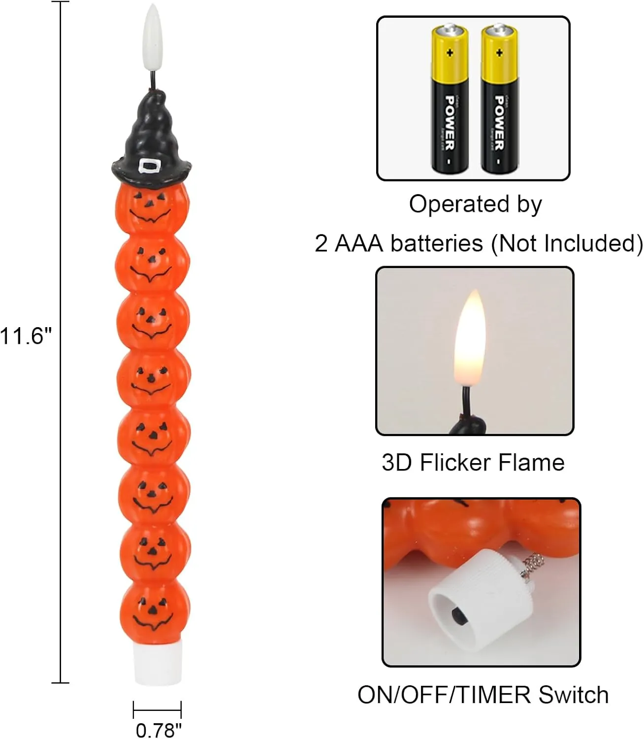 GenSwin Halloween Flameless Candles with Timer - Real Wax Flickering LED Candles for Halloween Decor (0.78 x 11.6 inches)