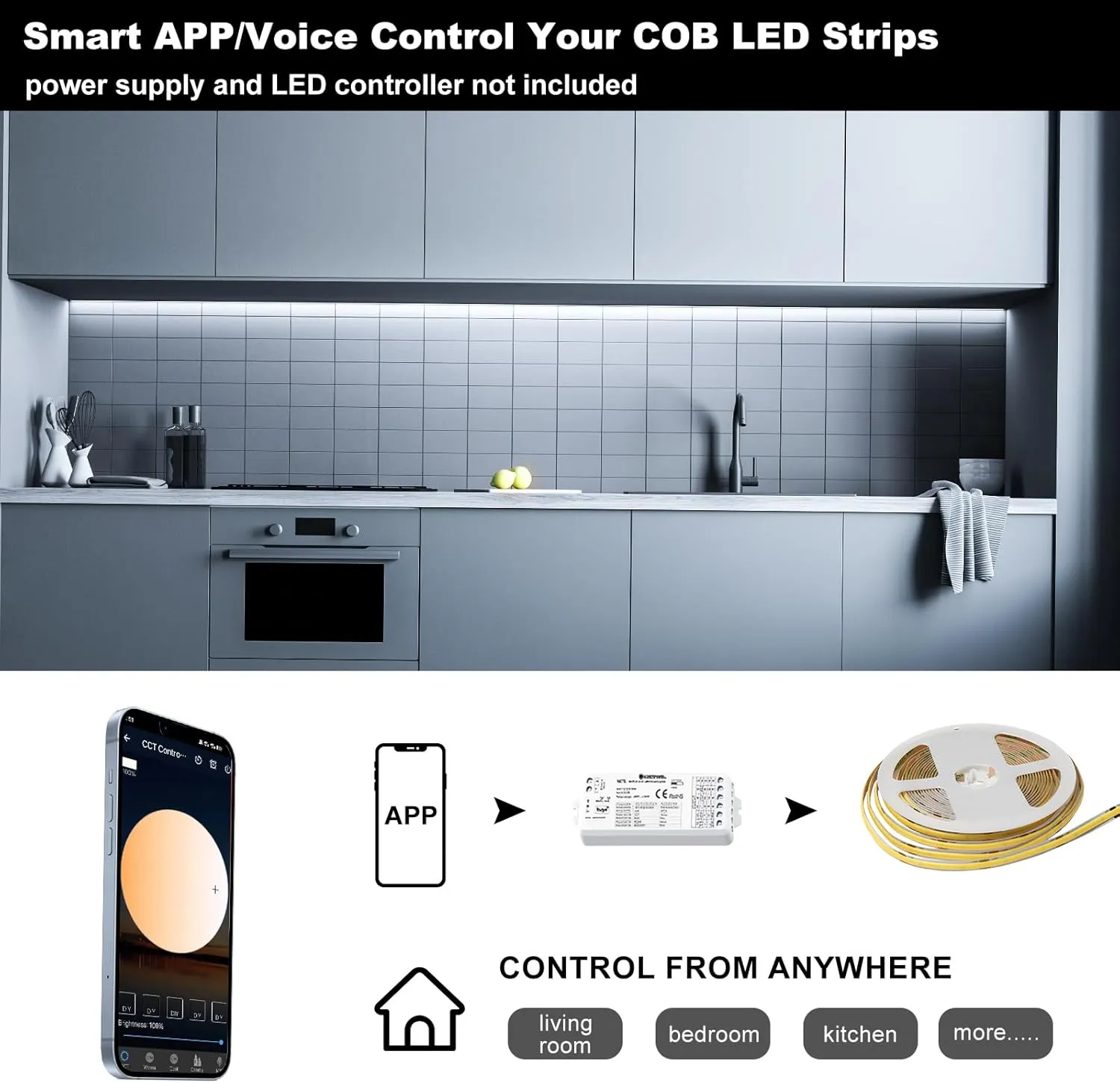 GIDEALED 32.8ft COB LED Strip Light 24V 6000K,Super Bright White LED Strip Lights Cool White,CRI 90 Flexible FCOB LED Strip for Under Cabinet Ambiance Lighting,Don't Include Power Supply&Dimmer