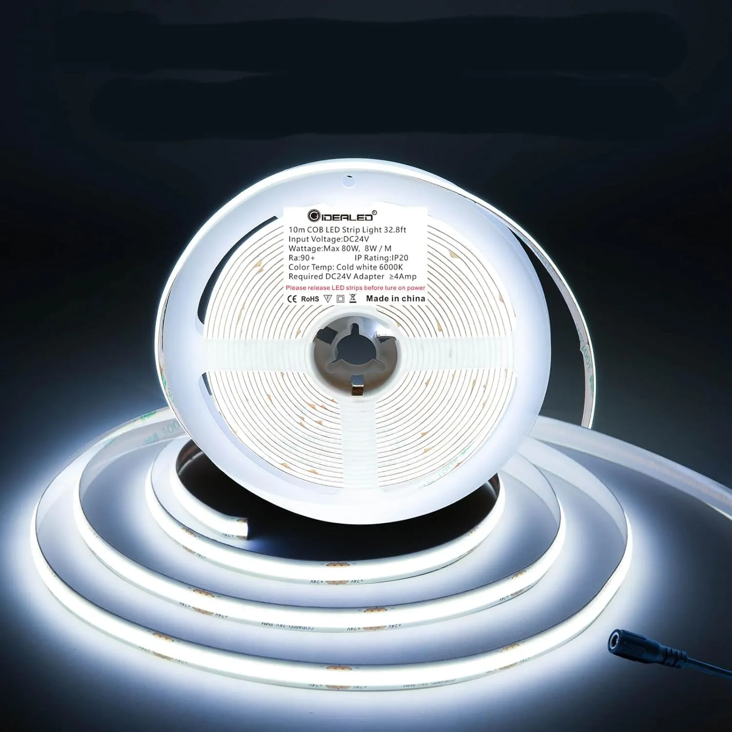GIDEALED 32.8ft COB LED Strip Light 24V 6000K,Super Bright White LED Strip Lights Cool White,CRI 90 Flexible FCOB LED Strip for Under Cabinet Ambiance Lighting,Don't Include Power Supply&Dimmer