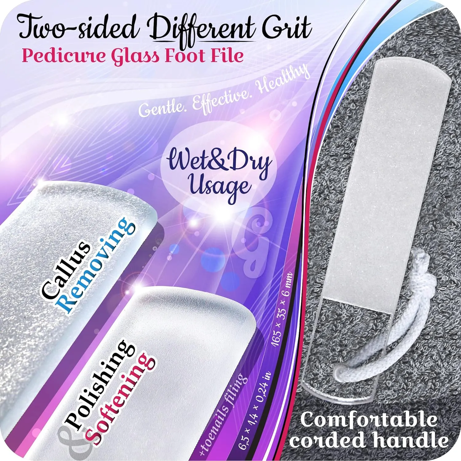 GLADZY Genuine Czech Glass Nail File Set - Callus Remover Foot Rasp, Cuticle Pusher Manicure Stick, Double Sided Etched Different Grit Surface, Professional Nail Care Tool, Made in EU