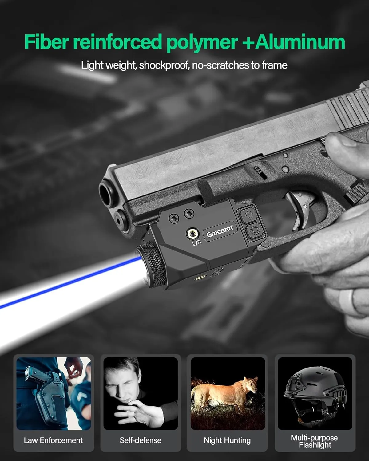 Gmconn Green Red Blue Laser LED Light Combo, Rechargeable Tactical Pistol Light 800 Lumen Flashlight with Strobe Function for Glock Taurus (Blue Laser)